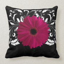 Fuchsia, Black/White Gerbera Daisy Throw Pillows