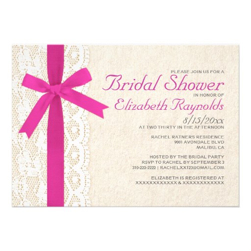 Fuchsia Bow & Lace Bridal Shower Invitations