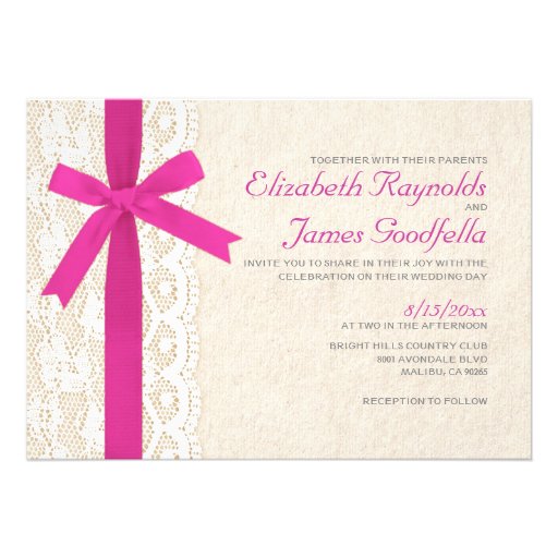 Fuchsia Bow & Lace Wedding Invitations