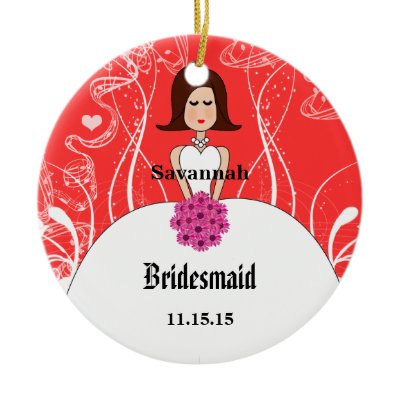 Fuchsia &amp; Coral Wedding Brown Hair  Bridesmaid Christmas Tree Ornament
