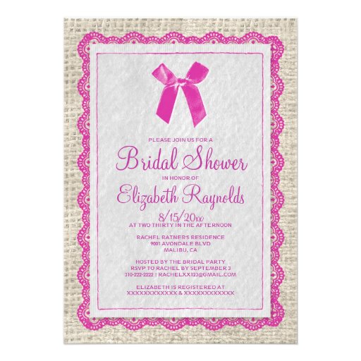 Fuchsia Country Burlap Bridal Shower Invitations