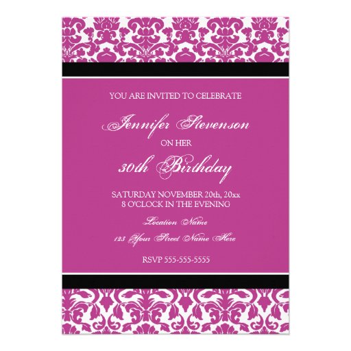 Fuchsia Damask 30th Birthday Party Invitations