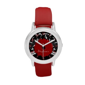 Fuchsia Gerbera Daisy Red/Black/White Wrist Watches