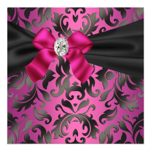 Fuchsia Hot Pink Black Damask Party Invitation (front side)