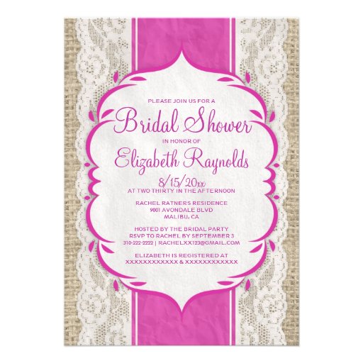 Fuchsia Linen Burlap Lace Bridal Shower Invitation