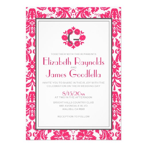 Fuchsia Monogram Damask Wedding Invitations