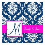 Fuchsia Navy Blue Damask Monogram Invitation