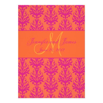 Fuchsia Orange Damask Save the Date Monogram Personalized Invitations