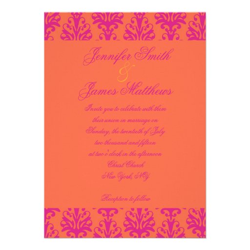 Fuchsia Orange Damask Wedding Invitation