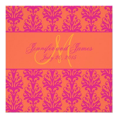 Fuchsia Orange Damask Wedding Invitation Square