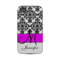 Fuchsia Pink Black White Monogram Floral Damask Iphone 4 Tough Cover