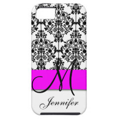 Fuchsia Pink Black White Monogram Floral Damask iPhone 5 Cover