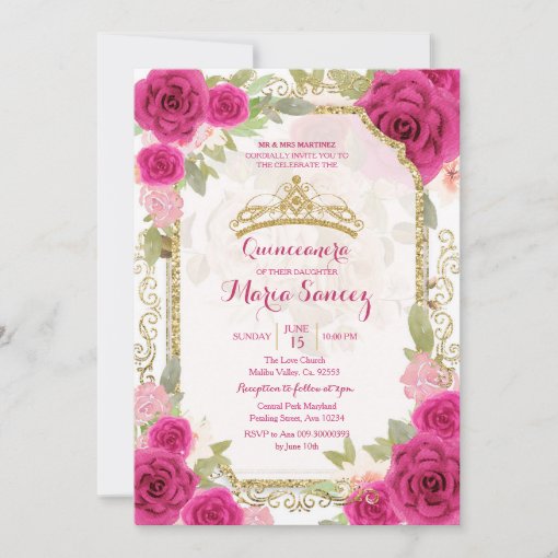 Fuchsia Pink Roses Charra Mis Quince Invitation Zazzle