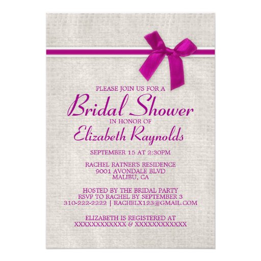 Fuchsia Rustic Burlap Bridal Shower Invitations