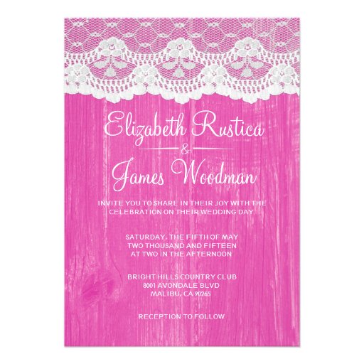 Fuchsia Rustic Lace Barn Wood Wedding Invitations