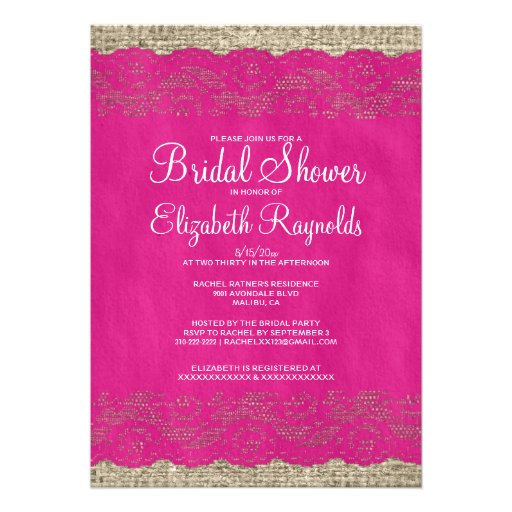 Fuchsia Rustic Lace Bridal Shower Invitations