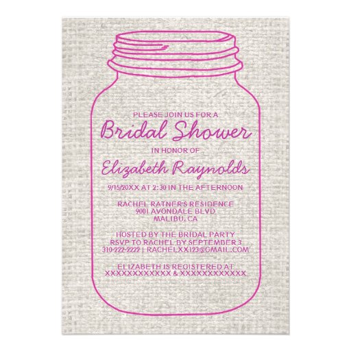Fuchsia Rustic Mason Jar Bridal Shower Invitations