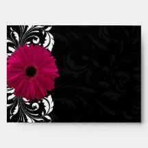 Fuchsia Scroll Gerbera Daisy w/Black and White Envelope