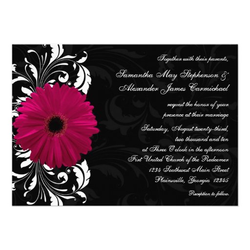 Fuchsia Scroll Gerbera Daisy w/Black and White Personalized Invitation