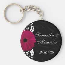 Fuchsia Scroll Gerbera Daisy w/Black and White Keychain