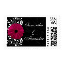 Fuchsia Scroll Gerbera Daisy w/Black and White Postage Stamp