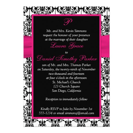 Fuchsia, White, Black Damask Wedding Invitation