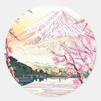 Fuji from Kawaguchi Okada Koichi shin hanga japan Round Stickers