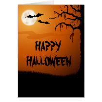 Full moon, bats and creepy tree Happy Halloween Greeting Cards