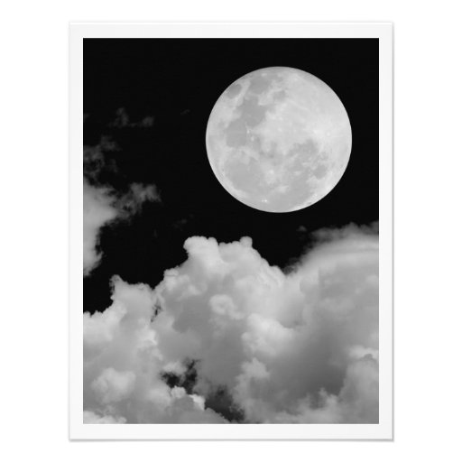 FULL MOON CLOUDS BLACK AND WHITE PERSONALIZED ANNOUNCEMENTS