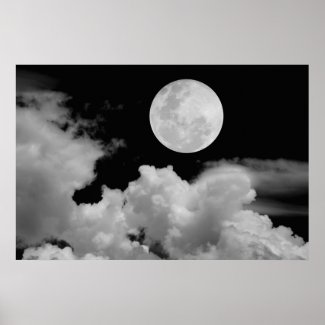 FULL MOON CLOUDS BLACK AND WHITE POSTER