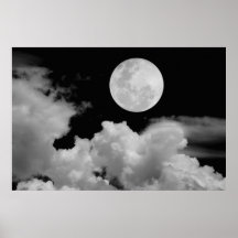 FULL MOON CLOUDS BLACK AND WHITE POSTER