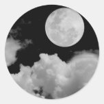 FULL MOON CLOUDS BLACK AND WHITE ROUND STICKER