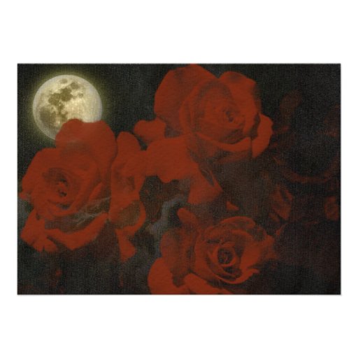 Full Moon Red Ghost Roses Wedding Invitation