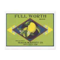 Full Worth Lemon Fruit Crate Label Postcard