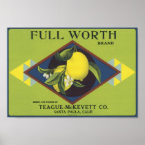 Full Worth Lemon Fruit Crate Label Posters