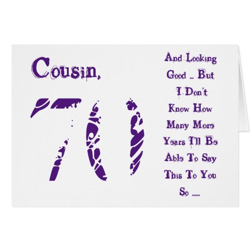 fun-70th-birthday-cousin-purple-and-white-text-card-zazzle