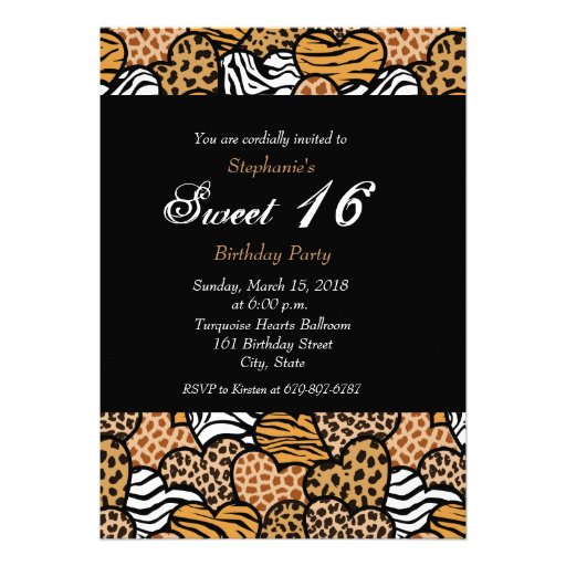 Fun animal pattern hearts Sweet 16 Invitation