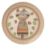 Fun Autumn or Fall Scarecrow on Plaid Pattern Plates