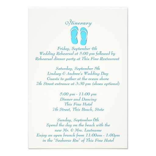 Fun Beach Flip Flops Blue Wedding Intinerary Personalized Invitations