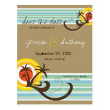 Fun Beach Tropical Sunset Palm Trees Save The Date Postcards
