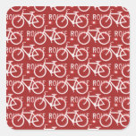 Fun Bike Route Fixie Bicycle Cyclist Pattern Red Square Stickers