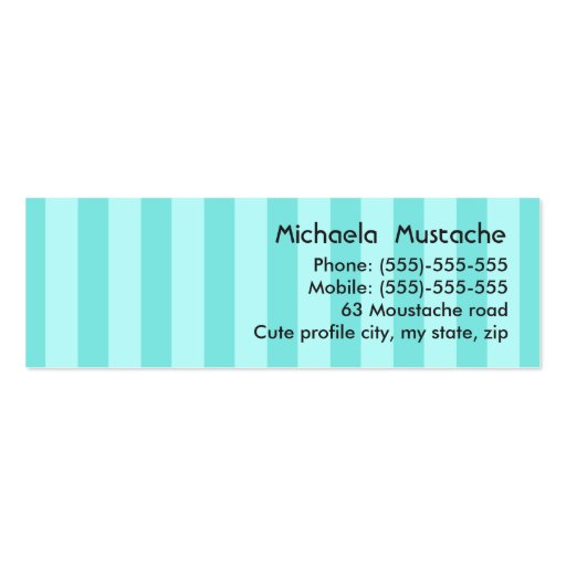 Fun black mustache on aqua stripes business card (back side)