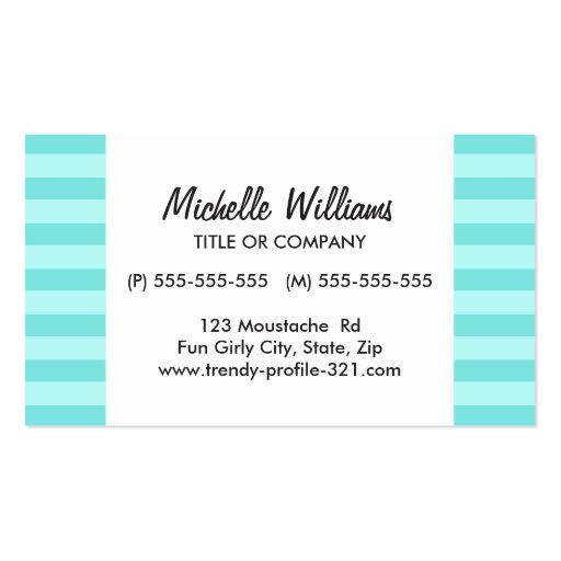 Fun black mustache on aqua stripes business card (back side)