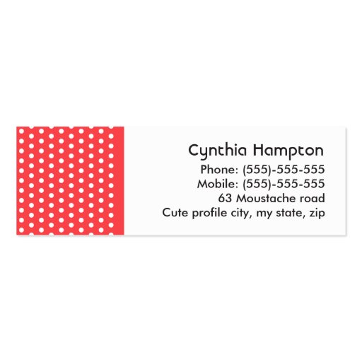 Fun black mustache on pale red polka dot pattern business card (back side)
