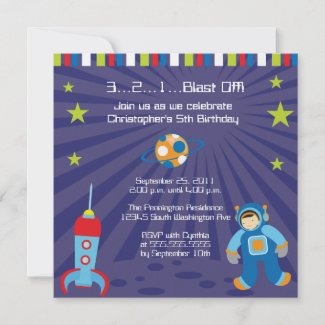 Fun blast off spaceship boys birthday party invite invitation