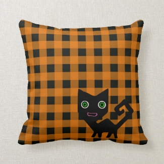 Fun Cartoon Black Cat on Orange and Black Gingham