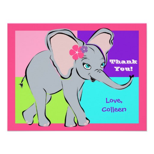 Fun Colorful Little Girl Elephant Note Card Personalized Invites
