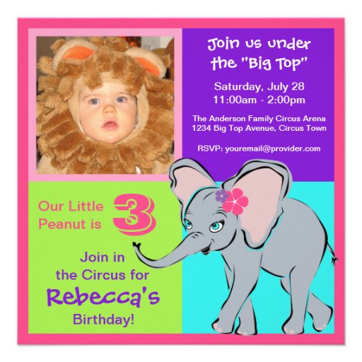 Fun Colorful Little Girl Elephant Photo Invitation