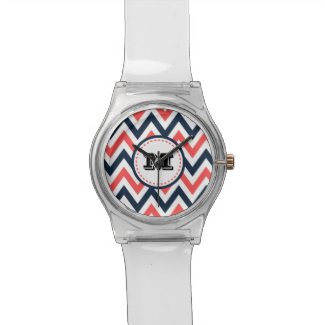 Fun Coral & Navy Chevron Pattern with Monogram Watch