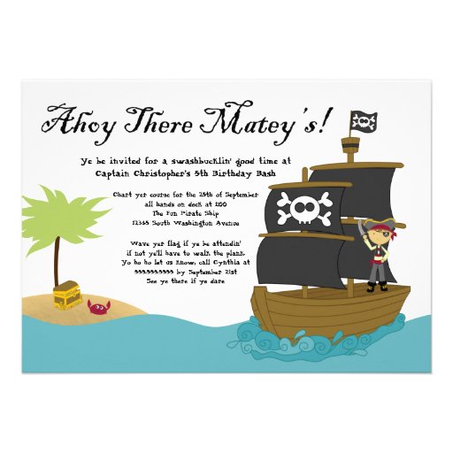 Fun cute boy's pirate birthday party invitation (front side)